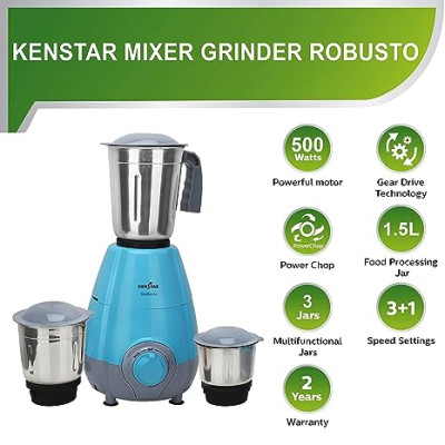 KENSTAR ROBUSTO 500 Watt | 3 Stainless Steel Mutlitfunctional Jar | Mixer Grinder_Blue &amp; Grey