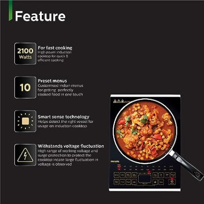 Philips Viva Collection Hd4938/01 2100-Watt Glass Induction Cooktop With Sensor Touch (Black), Sealed