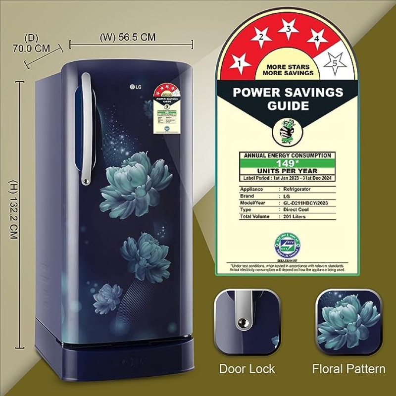 LG 201 L 4 Star Inverter Direct-Cool Single Door Refrigerator (GL-D211HBCY, Blue Charm, Base stand with drawer)