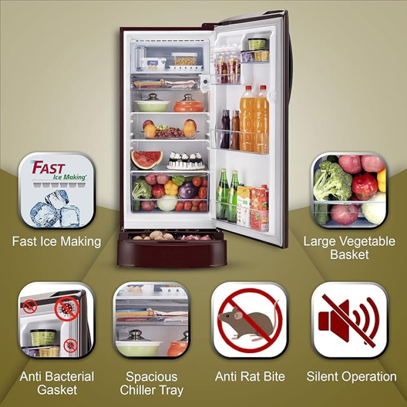 LG 201 L 4 Star Inverter Direct-Cool Single Door Refrigerator (GL-D211HSEY, Scarlet Euphoria, Base stand with drawer)